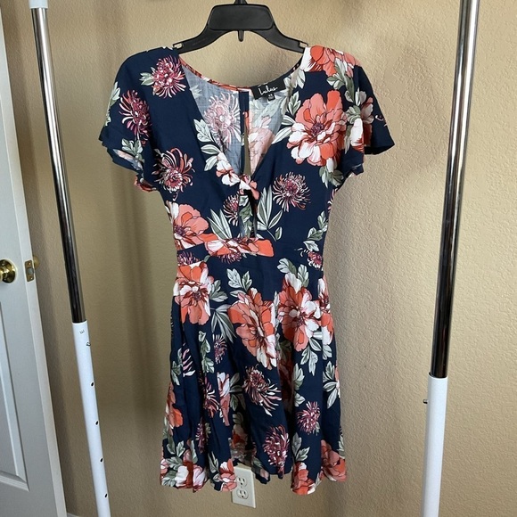 Lulus Womens Botanic Of Time Navy Blue Floral Print Tie-Front Skater Dress Sz XS - Picture 1 of 7